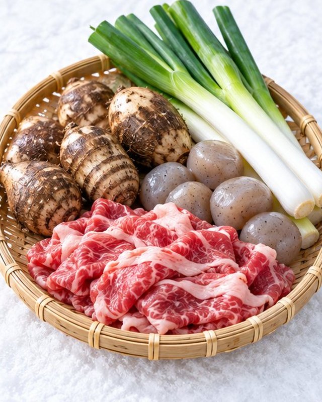 竹ざるに並べた芋煮の材料。里芋、牛肉、玉こんにゃく、長ねぎ
