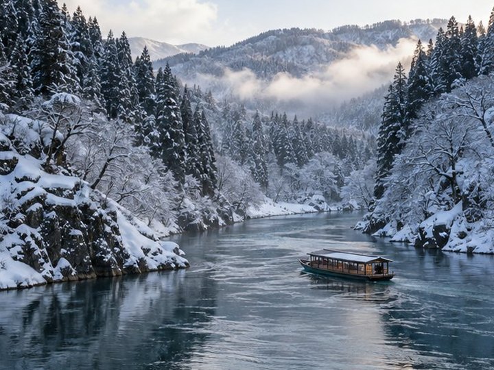 杉林のあいだをゆったり流れる最上川と、木造の屋形舟