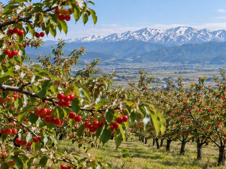 赤い実のついたさくらんぼ畑と、残雪の山並み
