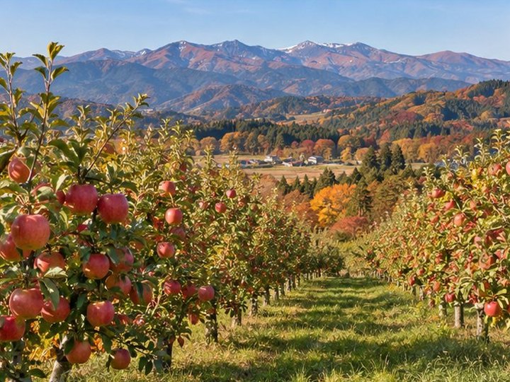 赤いりんごが実る秋のりんご畑と、遠くの吾妻連峰